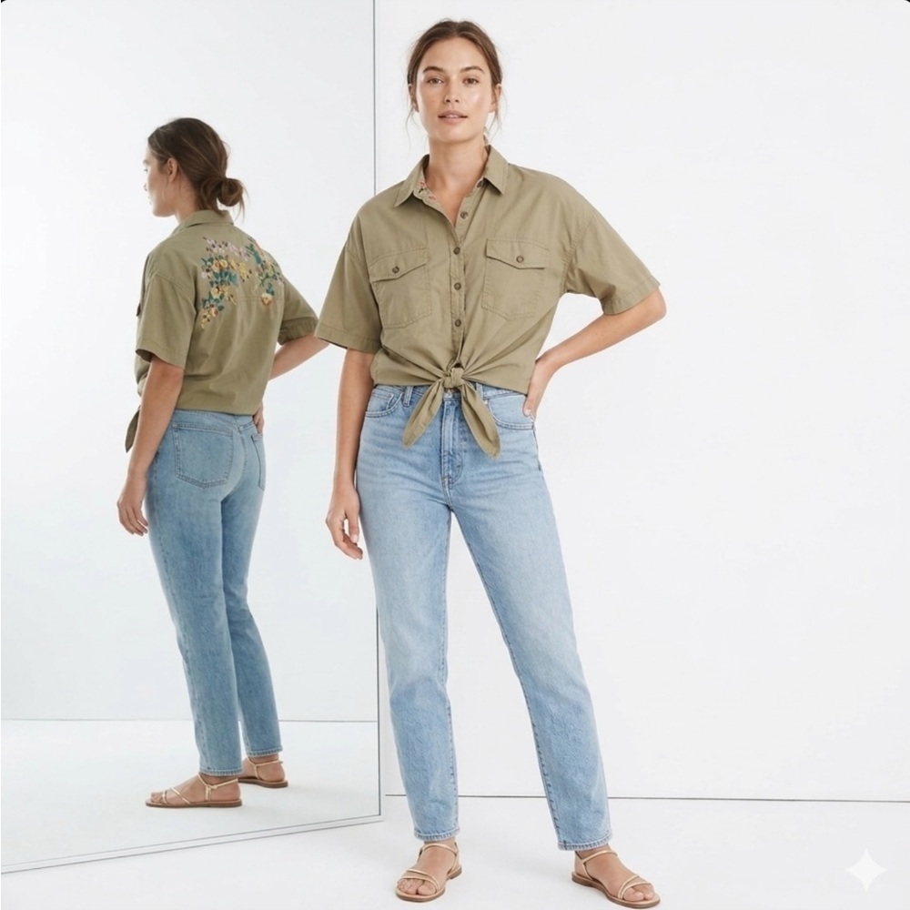 Madewell Floral Embroidered Safari Tie-Front Shirt - Size S
